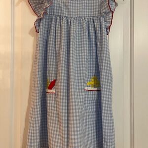 Girls' Light Blue Gingham Dress with Red Trim and Pocket Appliqués 6/7 BTS
